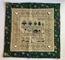 Finished Christmas Cross Stitch Wall Hanging Ceramic Buttons-Tree Home Heart