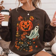 Vintage Halloween Sweatshirt Spooky Retro Black Cat Ghost Pumpkin Sweater Shirt