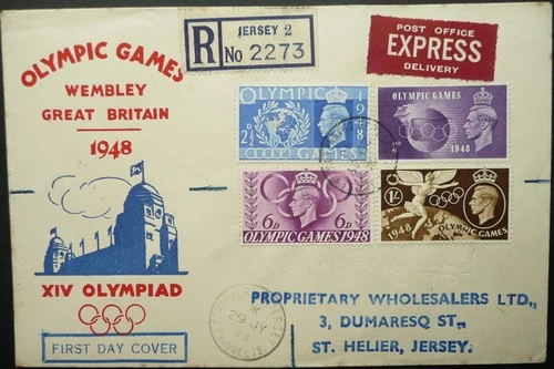 GB 29 JUL 1948 KGVI OLYMPIC GAMES REGISTERED FIRST DAY COVER FDC W/ JERSEY CDS