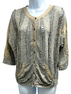 Women s Boho Blouse Gray 1/4 Sleeve Silk Contrast Braided Accent Chic Casual