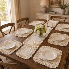 Cream Cotton Linen Table Runner and 6 Placemat Set 7 Piece Ruffle Table Decor