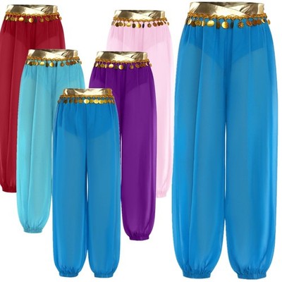 Girls Harem Trousers Elastic Costume Lantern Pants Tassels Invisible Zip-up Leg