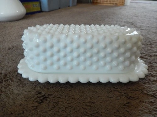 Vintage Fenton Hobnail Milk Glass Covered Butter Dish With Scalloped Edge RARE!