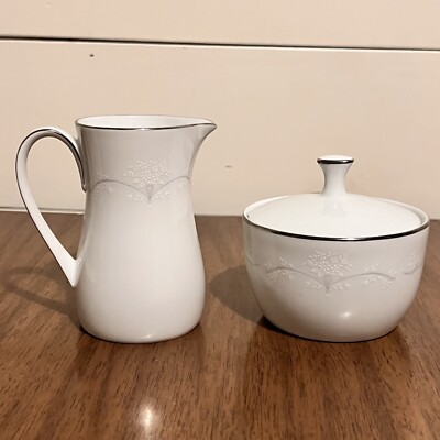 Noritake Whitebrook Creamer Sugar Bowl Set 6441 Japan Floral Platinum