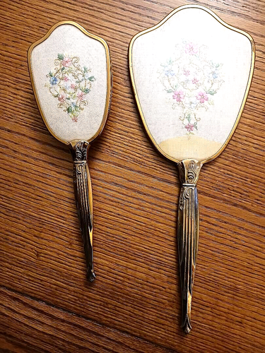 Vtg Hand Mirror Nylon Hair Brush Vanity Set Embroidered Flowers Period-look