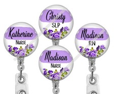 Purple Floral Retractable Badge Reel for Nurse CMA PCT or Office Worker, 661M