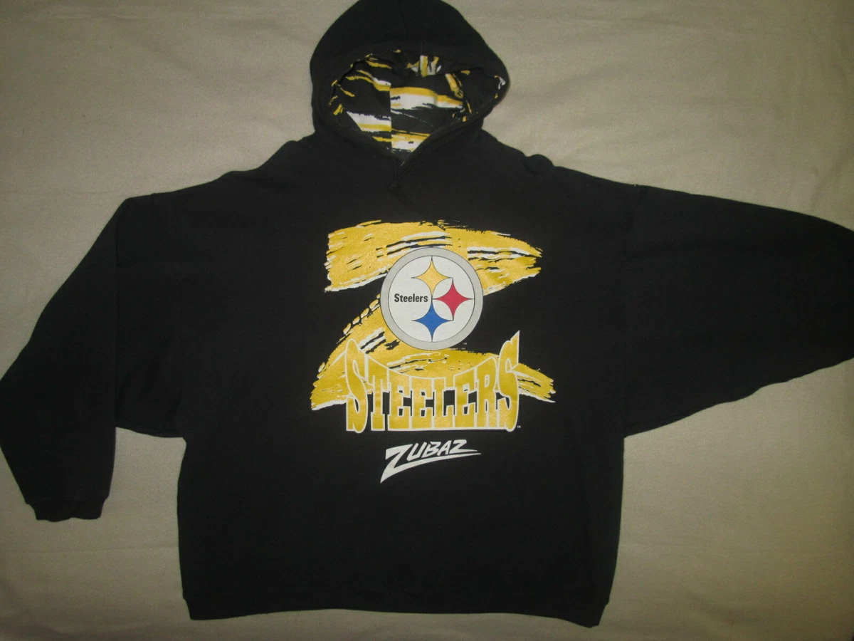 ZUBA NFL PITTSBURGH STEELERS HOODIE MADE IN USA ZEBRA STRIPES INSIDE HOOD BLACK