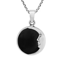 Celestial Half Moon Face Black Onyx Round Sterling Silver Pendant Necklace