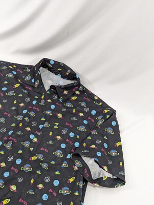 Men's Buc-ees Space Planets Short Sleeve Button Down Shirt Sz Small Black