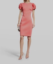 395 Badgley Mischka Women's Pink Round Neck Rosette Sleeve Sheath Dress Size 2