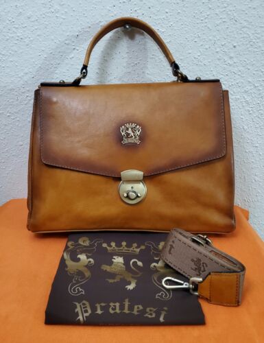 New Pratesi Women's Brown Leather Top Handle Satchel/Shoulder Bag With Strap