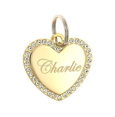 Custom Engraved Personalized Gold Plated Heart CZ Stones Dog Pet ID Tag