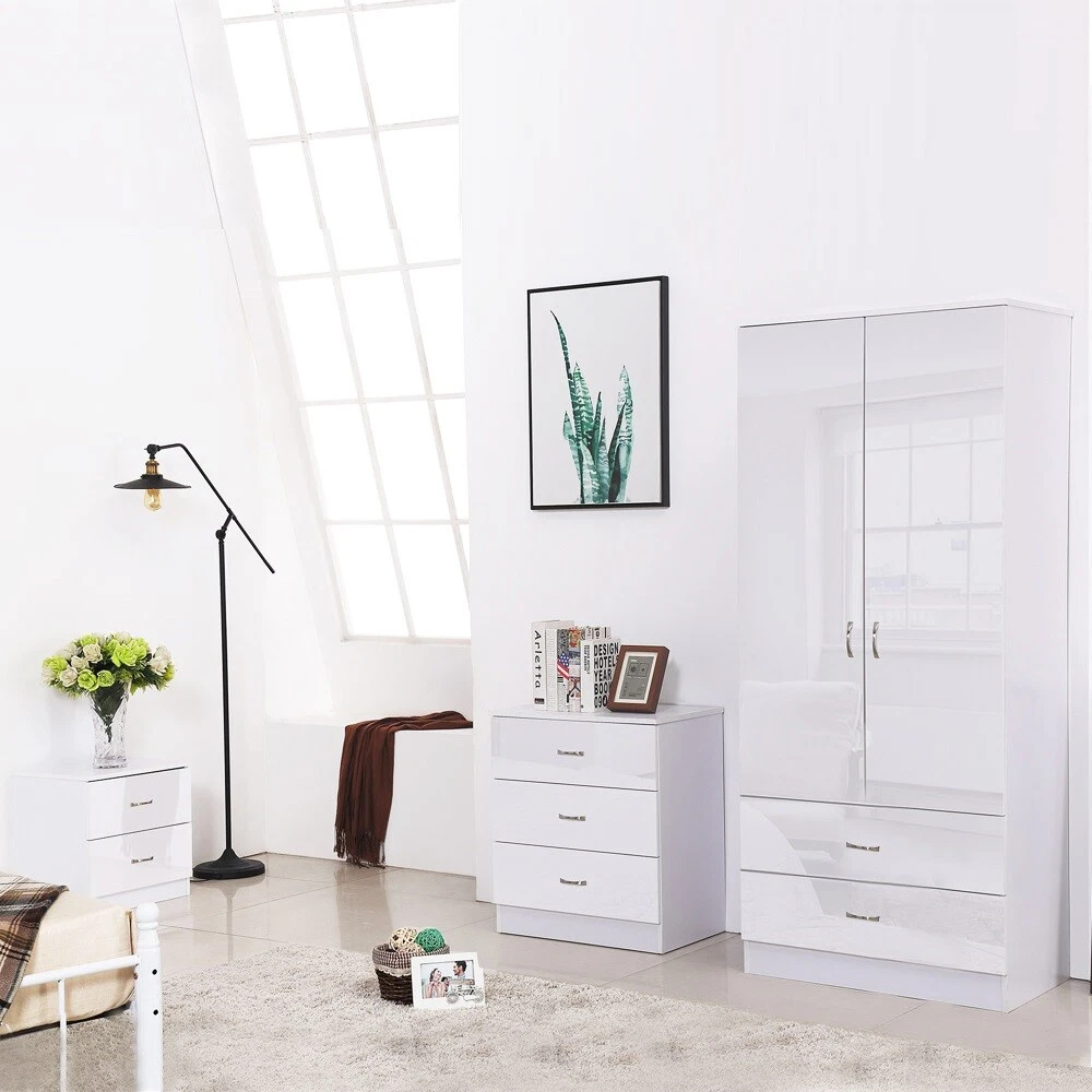 Chilton White High Gloss Combination 2 Door 2 Drawer Wardrobe Bedroom Furniture