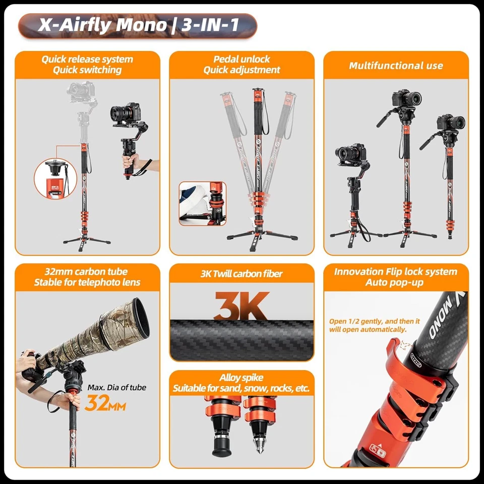 Fotopro X-Airfly Monopod with Feet 73'' Carbon Fiber 3-in-1 Travel Monopod - Image 4 of 4