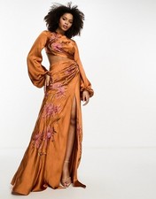 ASOS DESIGN long sleeve cut out bias maxi dress with floral embroidery UK 10