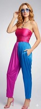Vintage 70's Funky Rare Color Block Disco Strapless Jumpsuit Ruched Pockets XS