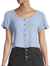 We The Free Molly t-shirt Blue Puff Sleeve Button Front Crop Top – Size Large