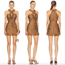 Ronny Kobo | NWT Ria Dress in Praline Brown Ruched Ruffle Halter Mini M
