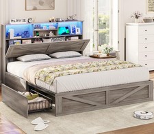 Farmhouse Bed Frame Full Size with Bookcase Storage Headboard Charging Station