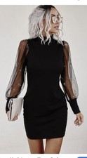 SHEIN black bodycon high neck mini dress sheer sparkle long sleeves - 2