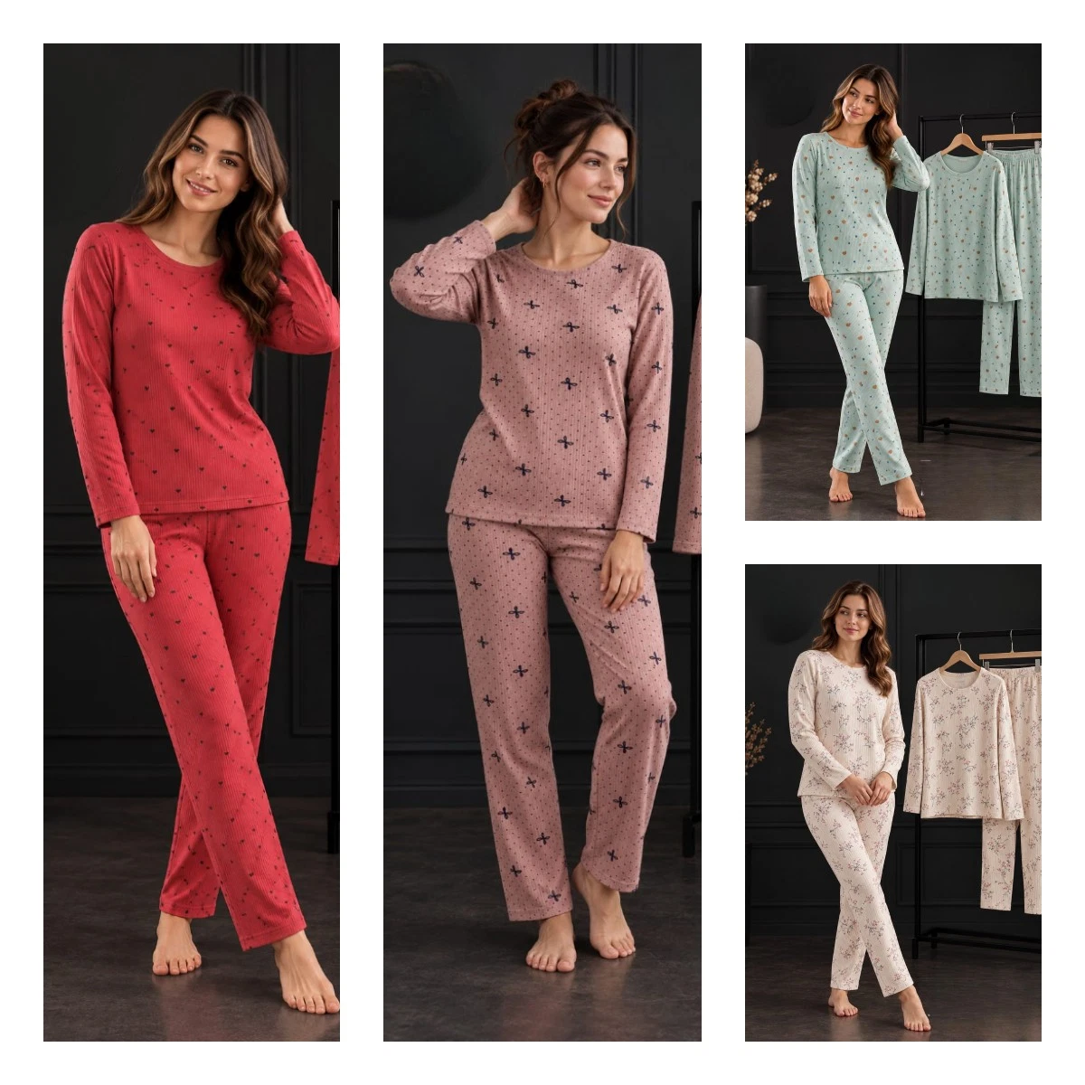 Damen Pyjama Schlafanzug Lang Warm Winter 2-Teiler Set L-88