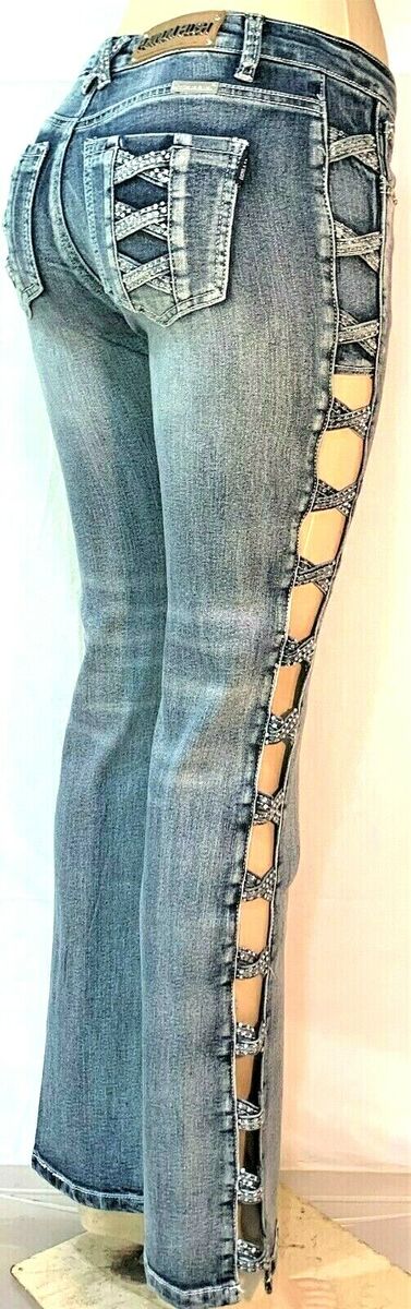 PLATINUM PLUSH OPEN LEG X DESIGN RHINESTONE DENIM BOOT CUT PLATINUM PLUSH OPEN LEG X DESIGN RHINESTONE DENIM BOOT CUT