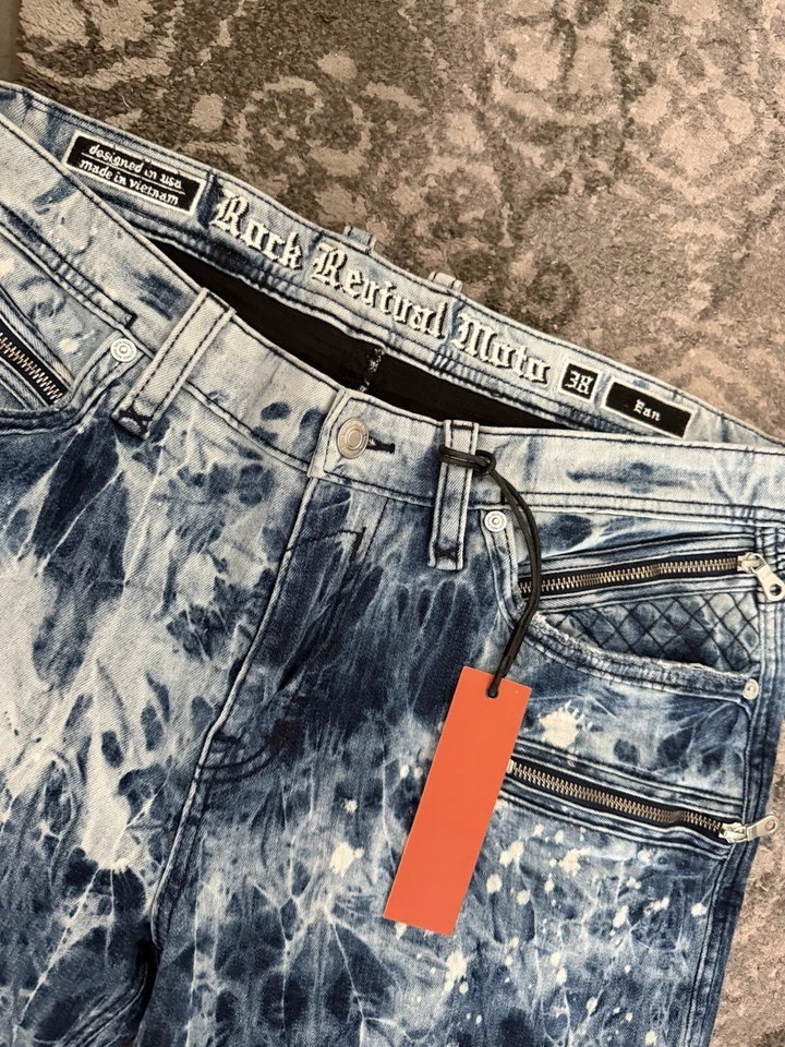 Rock Revival Moto Men's Distressed Denim Biker Jeans "Daviday" Blue Size 38 - Image 2 of 4