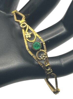 1/20 12k gold filled E.J. Signed adjustable bangle bracelet green rhinestone 