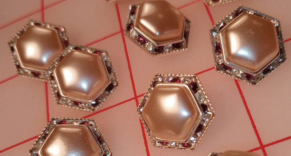 5 Fine Vintage Czech Shank Button Hexagon Pearl Tiny Rhinestones Clear Plum 3/4" - Image 3 of 4