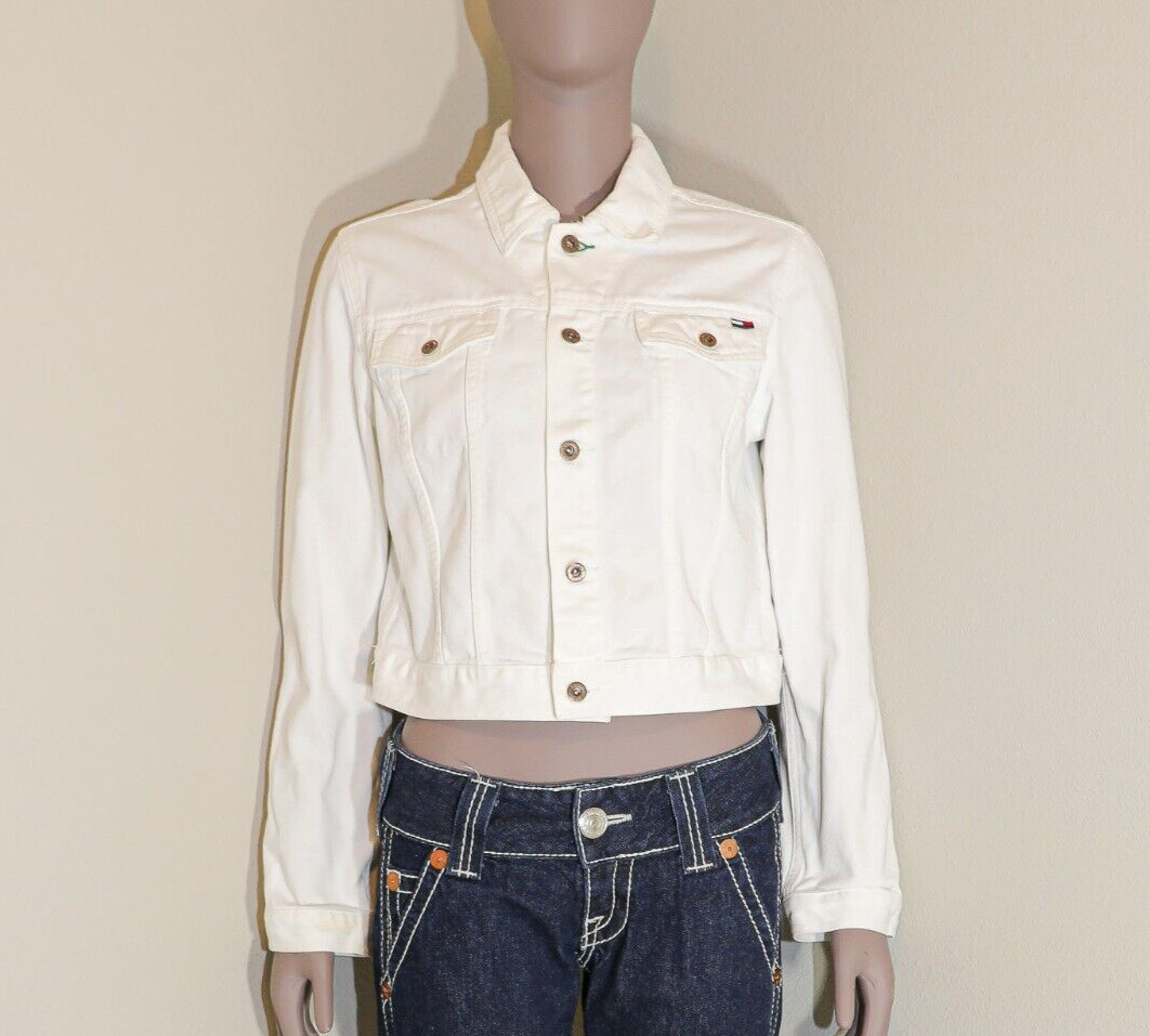 Tommy Hilfiger White Jean Cropped Jacket Collared Top Medium Casual Fall Top