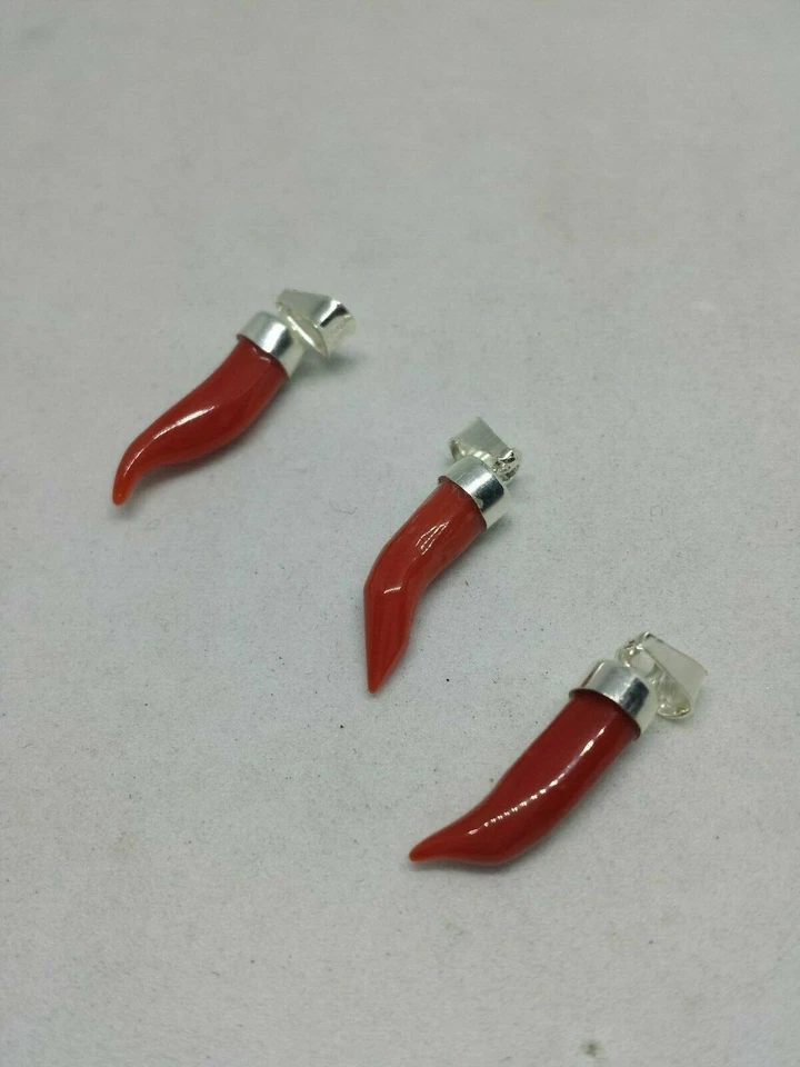 CIONDOLO CORNO CORNETTO CORALLO ROSSO NATURALE ARGENTO 925/1000 DORATO E RODIATO - Immagine 3 di 3