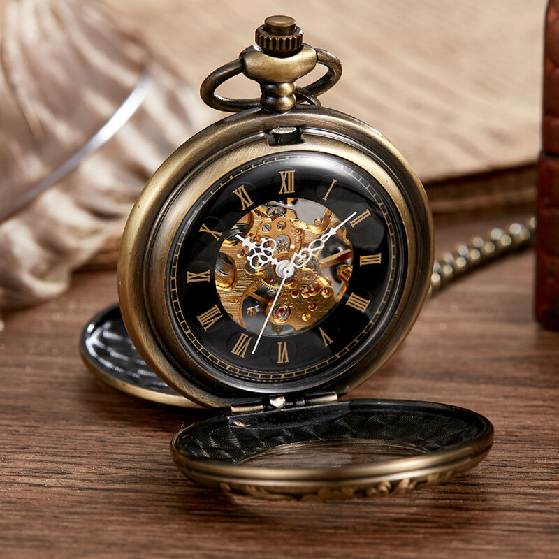 Antique Steampunk Bronze Mechanical Movement Pocket Watch Pendant With Chain