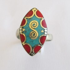 Tibetan Silver Turquoise Red Coral Original Jewelry Adjustable Unisex Ring R24