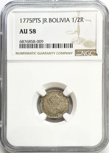 1775 PTS JR SILVER BOLIVIA 1/2 REAL CHARLES III COIN NGC ABOUT UNC 58