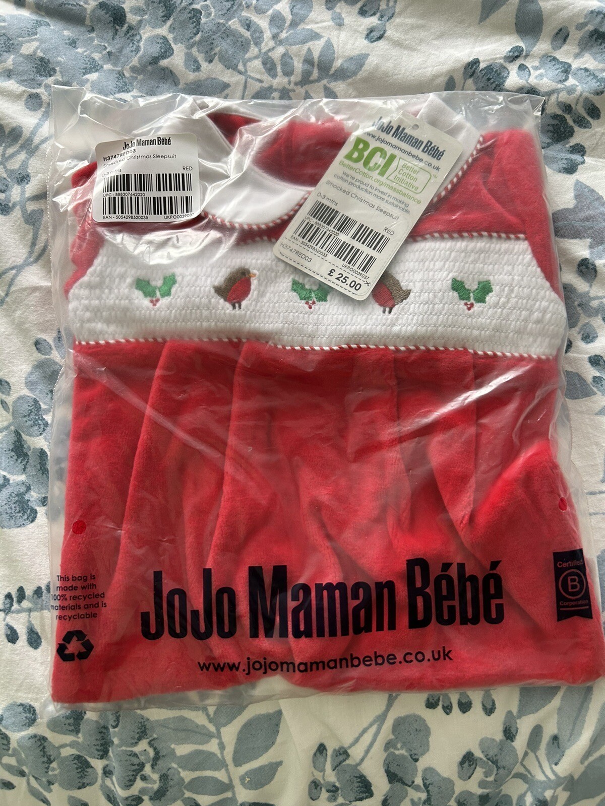 JoJo Maman Bebe Christmas Sleepsuit / Babygro Age 03 Months RRP £25.00