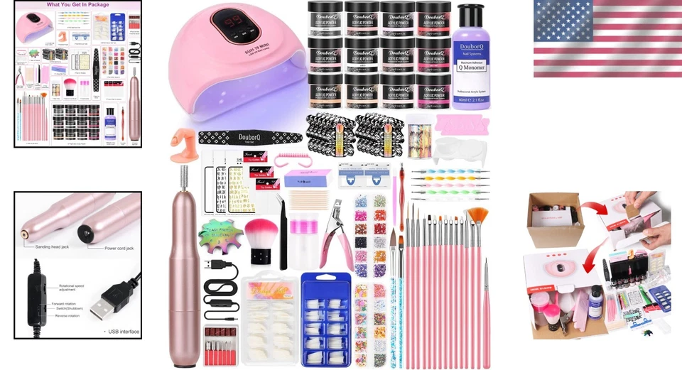 Kit completo de nail art acrílico com lâmpada UV, glitter e broca para unhas para iniciantes - Imagem 2 de 4