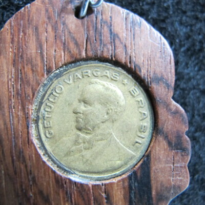 Hand Carved Fob Keychain Getulio Vargas Brazil Coin Very Rare & Unique BARN FIND