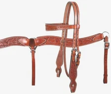 Western Tooled Leather Tack Set Horse Bridle Headstall w/ Reins + Breast Collar