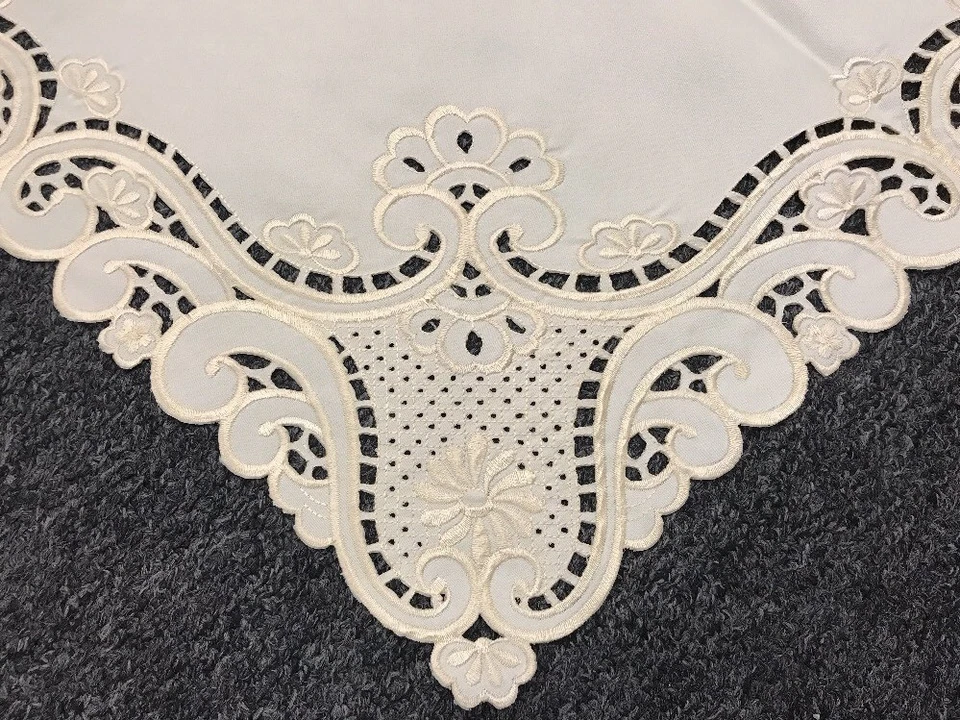 Beige Ivory Embroidered Floral Cutwork 51x51" Square Coffee Table Tablecloth - Image 4 of 4