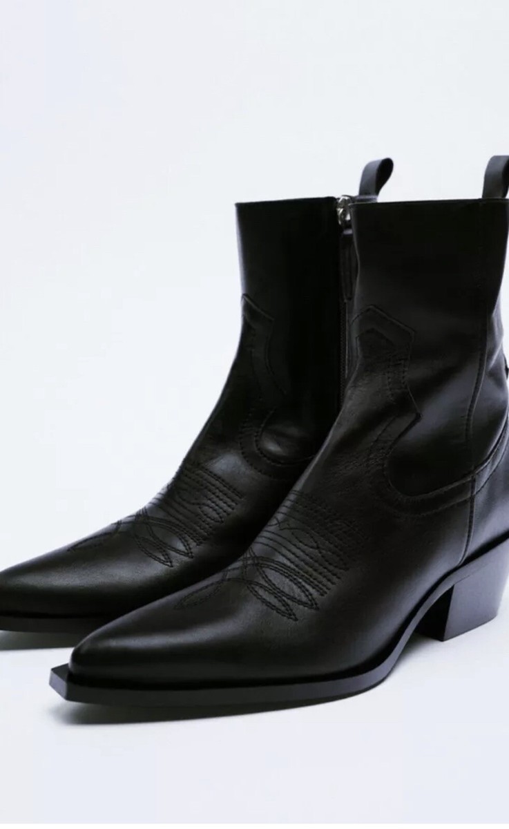 Zara Black Leather Western Cowboy Ankle Boots UK4 EU37 US6.5 # 067