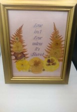 Dried Flowers Leaves w/ a Love Quote in a Gold Picture Frame 13 x10.75"
