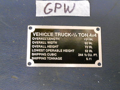 Jeep Willys FORD GPW 44-45 shipping plate aluminum P58