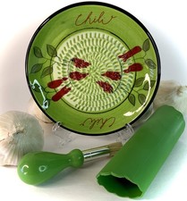 , All-in-one Premium Ceramic Garlic Grater Plate 4-Piece Set - Green Chili De...