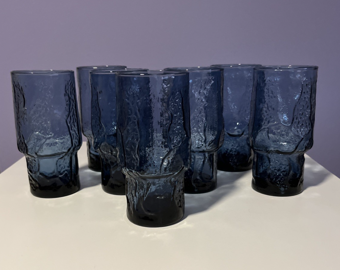 S/7 Libbey Normandy Blue Stone Textured Barware Water Glass Vtg MCM Circa 80's