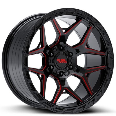 20x10 Off Road Monster Wheels M40 Gloss Black with Candy Red Milled Rims (4pcs)