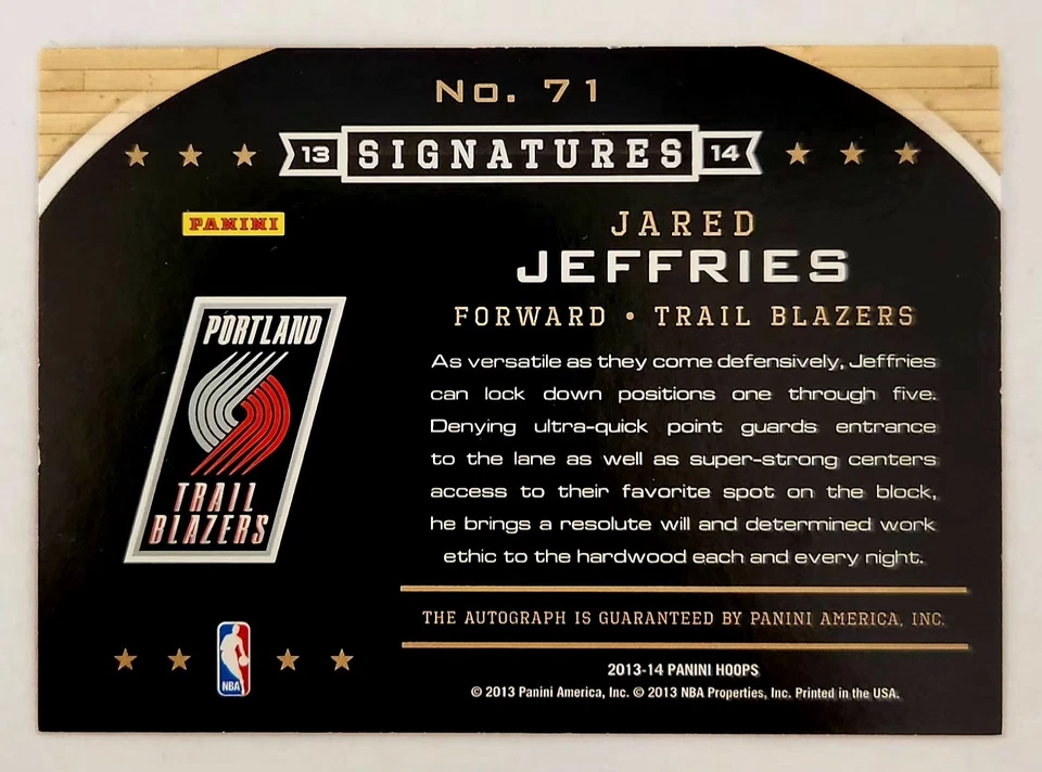 2013-14 NBA Hoops Signatures Jared Jeffries #71 (AU) Portland Trailblazers / 199 - Image 2 of 2