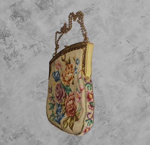 VINTAGE PETIT POINT HANDBAG Flowers Needlepoint Dated 1927 ROSES ORNATE PURSE - Picture 6 of 12