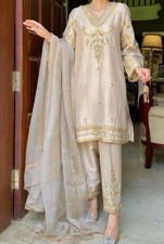 Fashionable Heavy Natural Silk Cream Top Bottom With Dupatta For Festival Wear