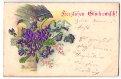 Fabric embossing postcard violets made of real fabric tendril from a window 1902 