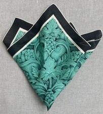 Vintage Aqua Black Geometric Leaf Handkerchief / Pocket Square Hand Rolled 16.5"